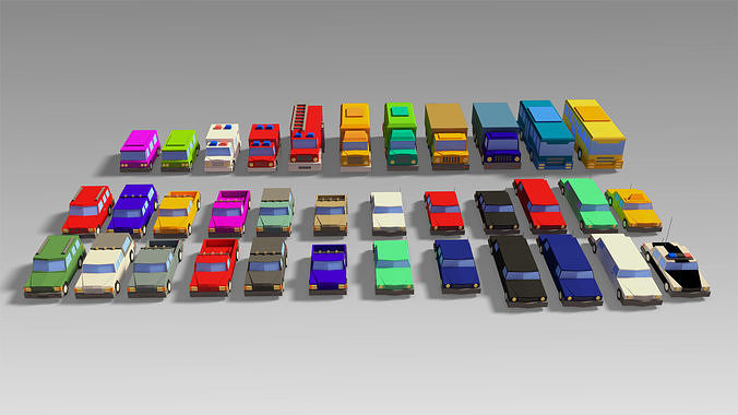 Car Set different colored trucks Low-poly 3D model 2