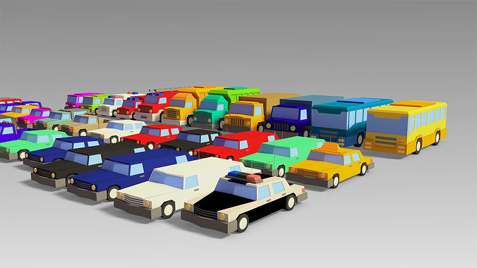 Car Set different colored trucks Low-poly 3D model 3