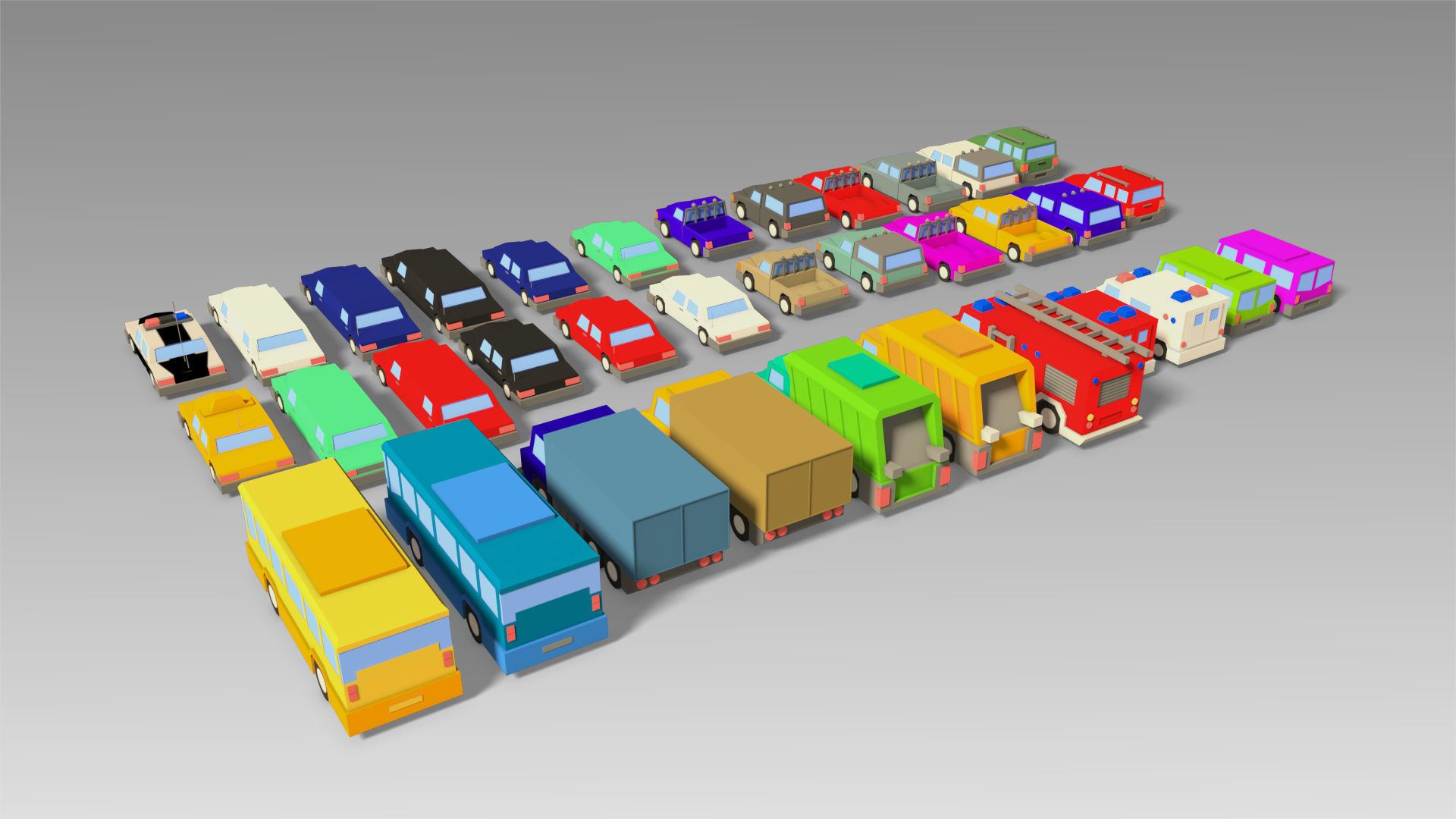 Car Set different colored trucks Low-poly 3D model_10