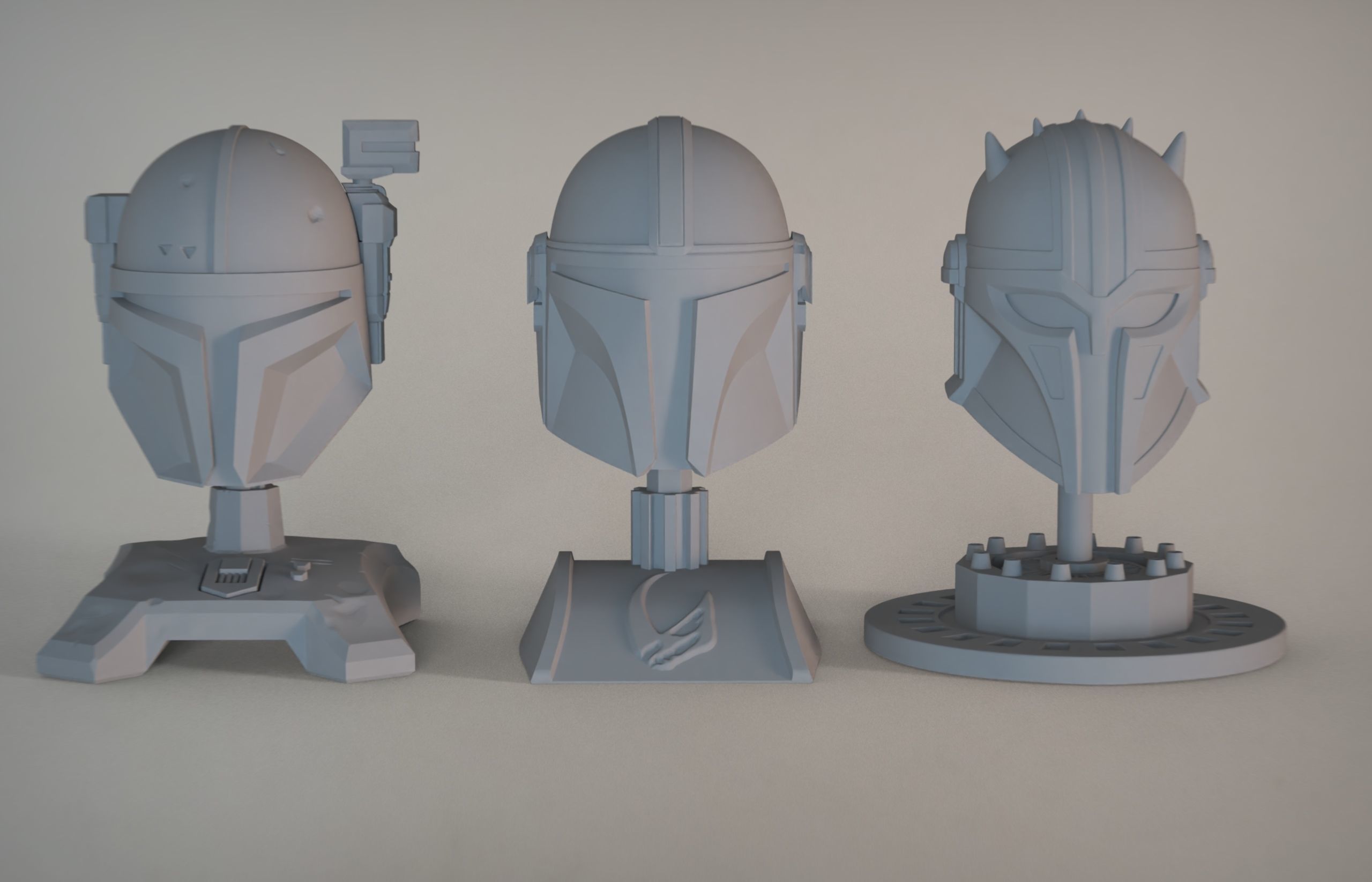 The 3 Mandalorians three star wars helmets on table 3D print model_6