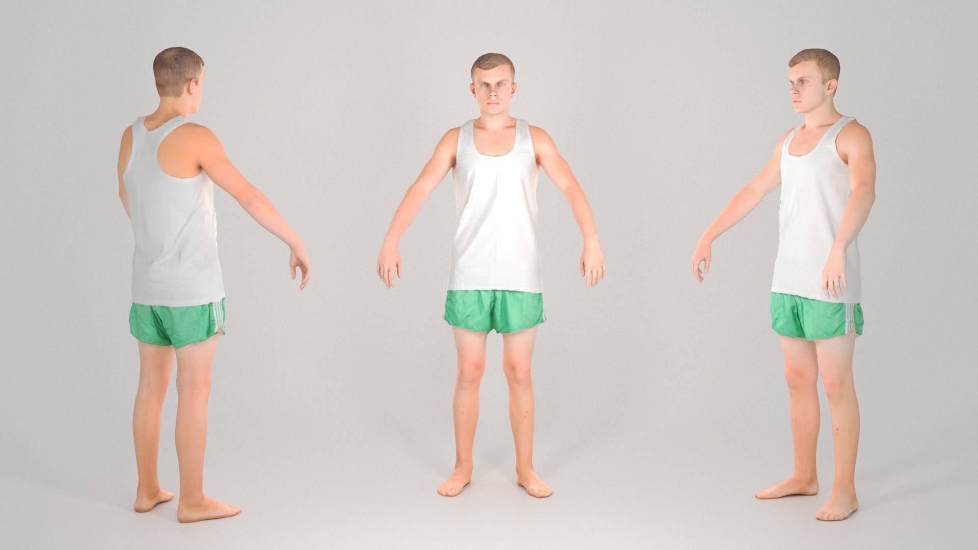 Man in a white tank top and shorts in A-pose 150 Low-poly 3D model_2