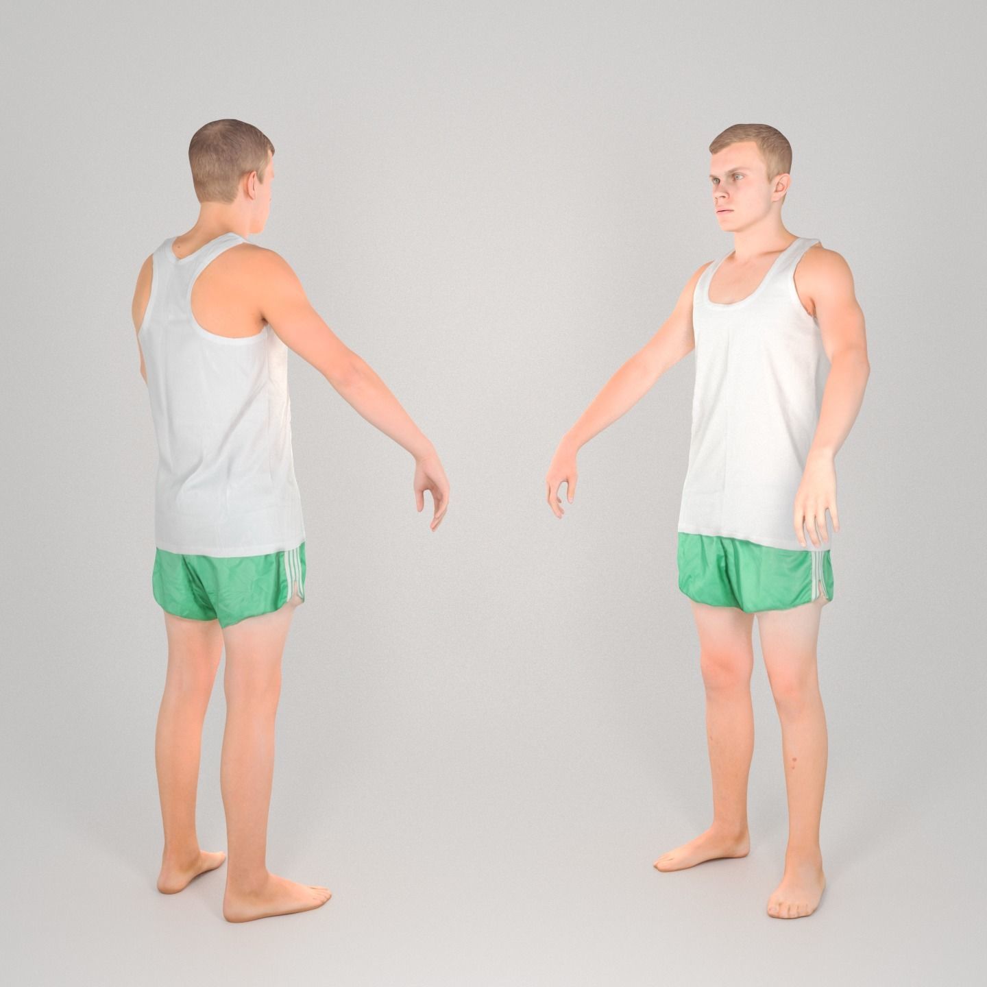 Man in a white tank top and shorts in A-pose 150 Low-poly 3D model_1