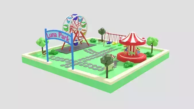 Low Poly Cartoon Luna Park Scene Low-poly 3D model
