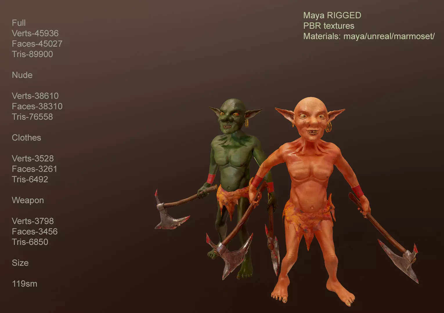 Goblin man and woman holding axe Low-poly 3D model