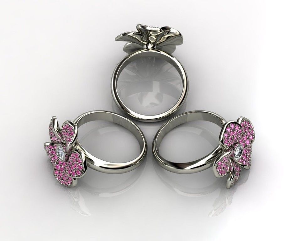 Ring flower with sapphires 3D print model_3