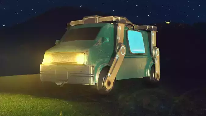Low-Poly Van truck in grass at night