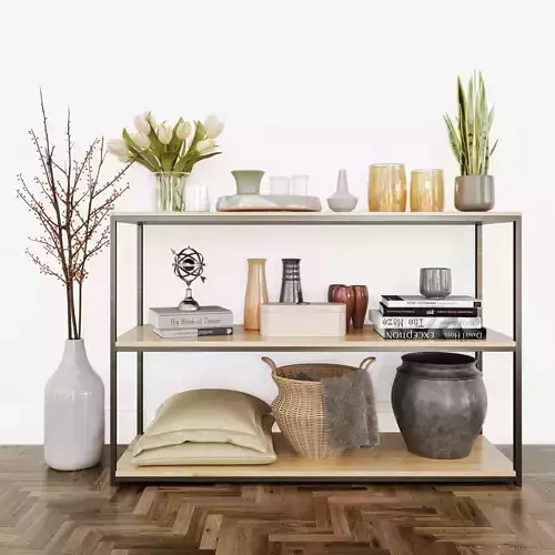 Decorative Set 2 wooden shelf with vases and pots 3D model