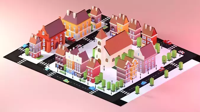 Low poly Buildbing Old City For Game