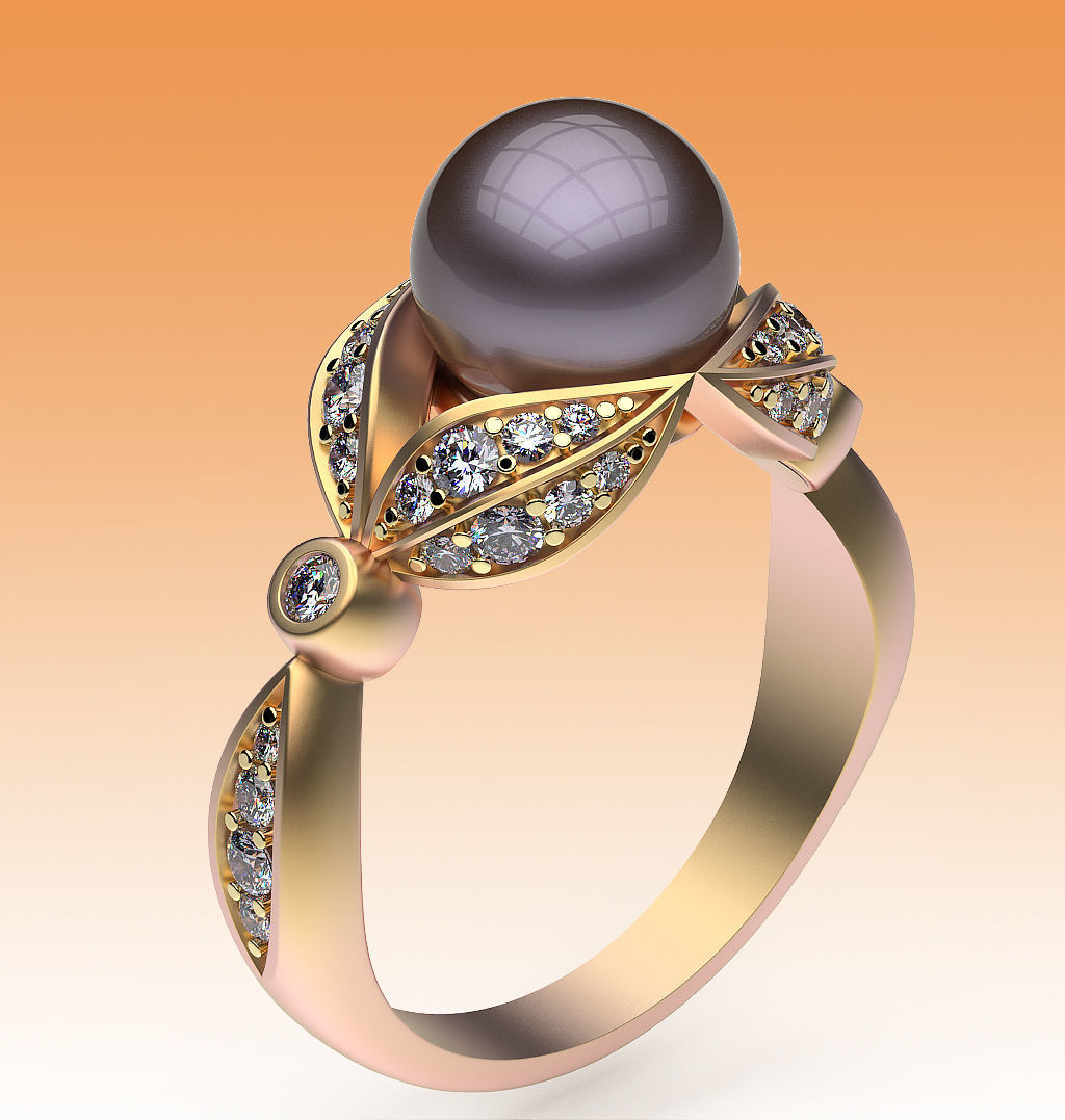 Ring Pearl and Leaves 3D print model_10