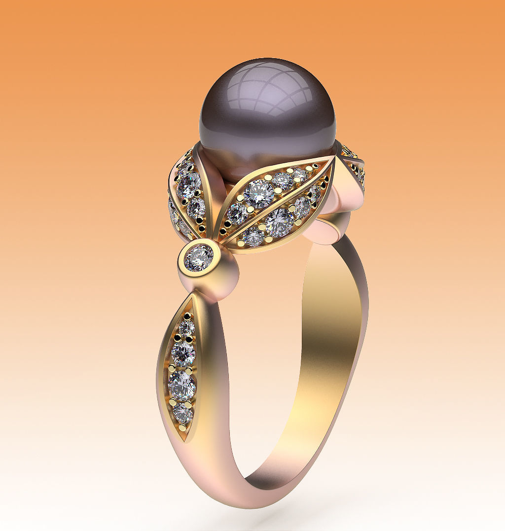 Ring Pearl and Leaves 3D print model_8
