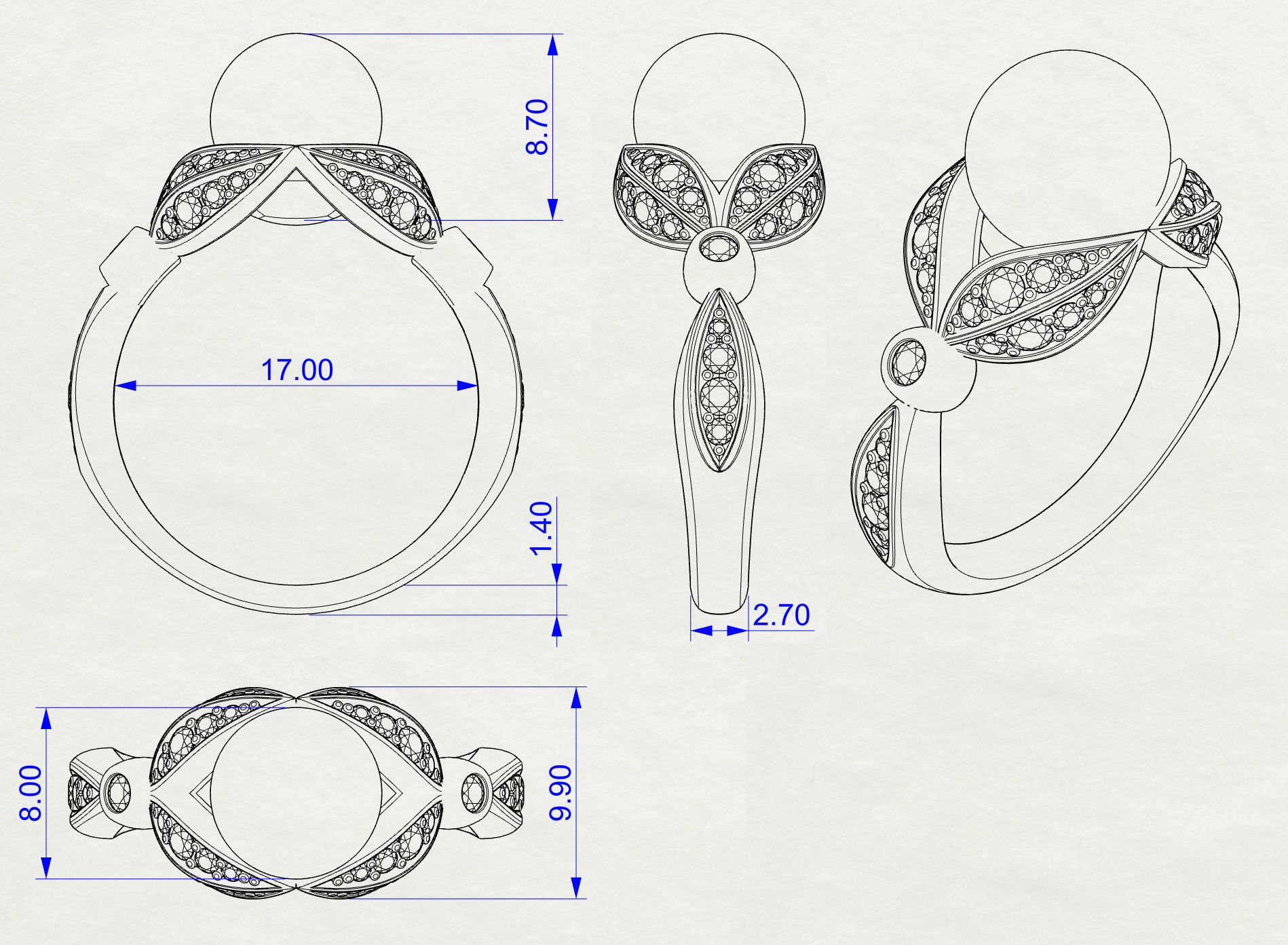 Ring Pearl and Leaves 3D print model_11