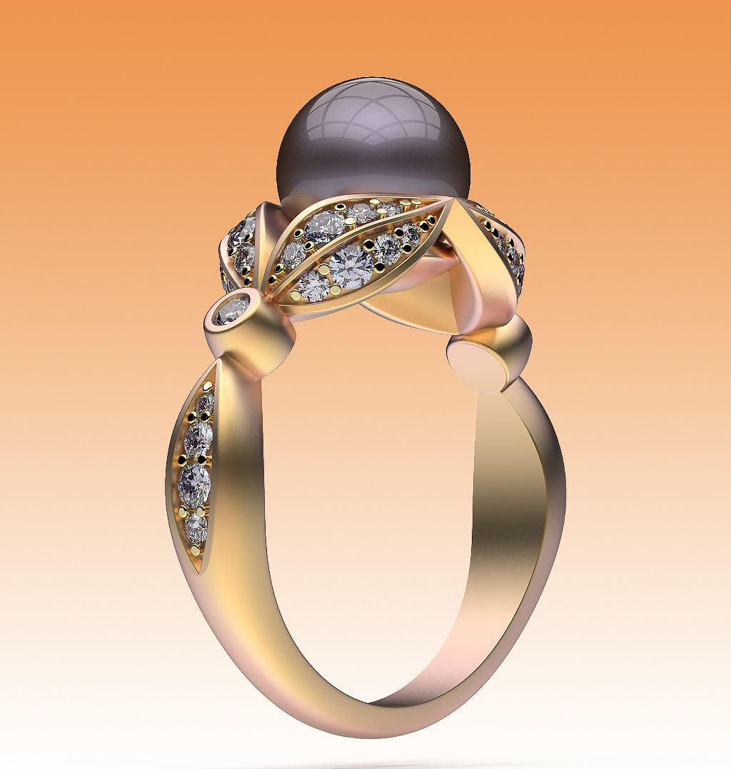 Ring Pearl and Leaves 3D print model_5