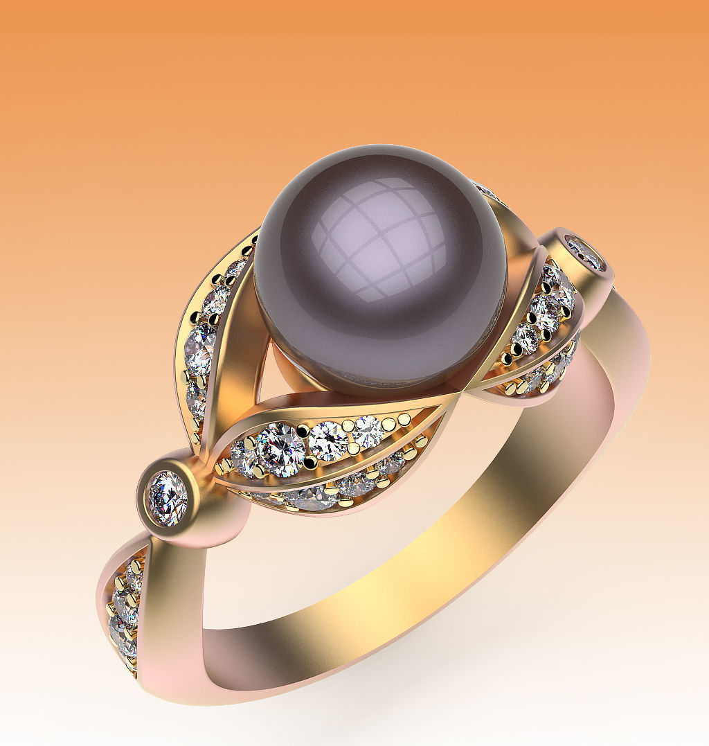 Ring Pearl and Leaves 3D print model_9