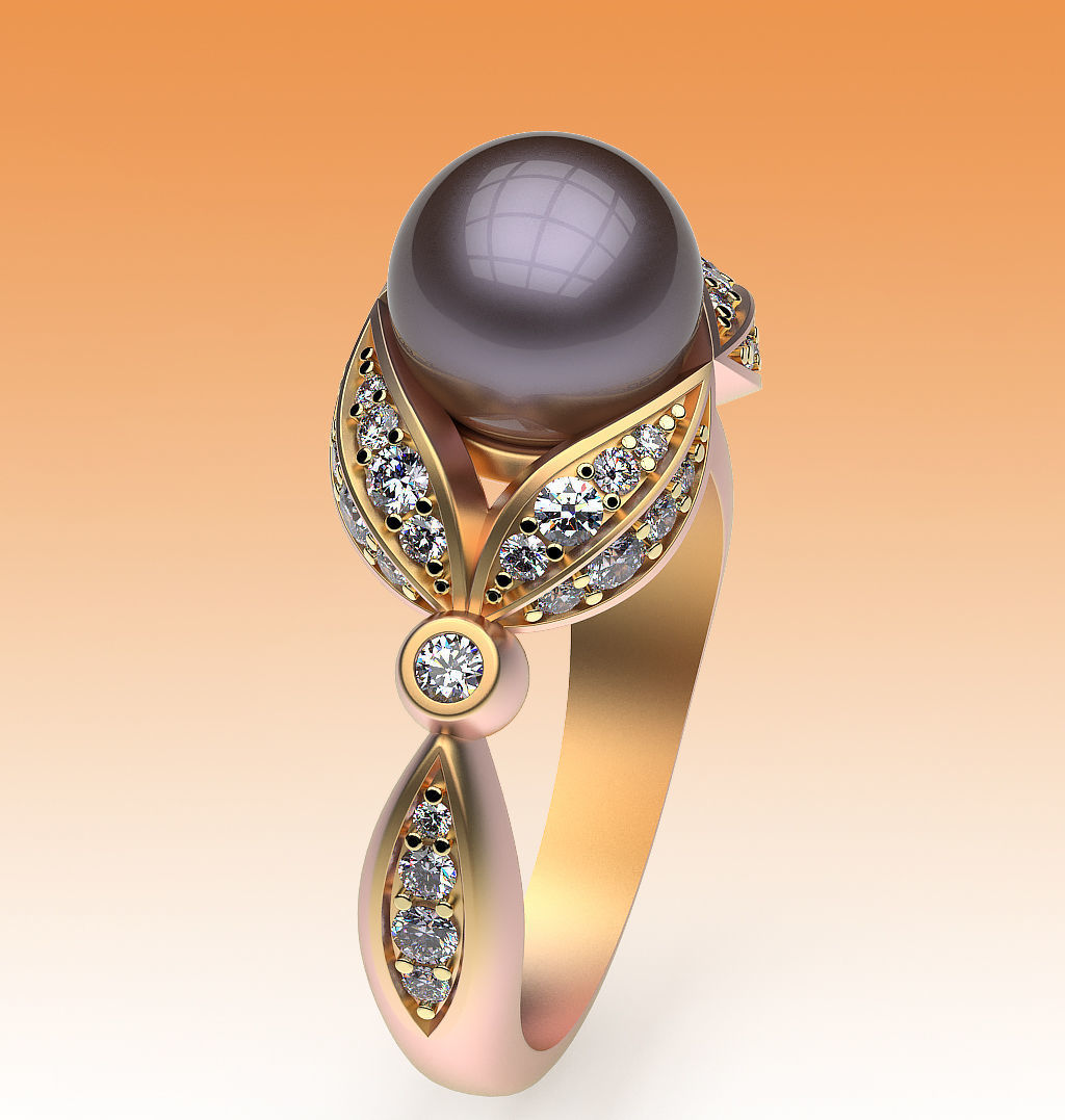 Ring Pearl and Leaves 3D print model_1