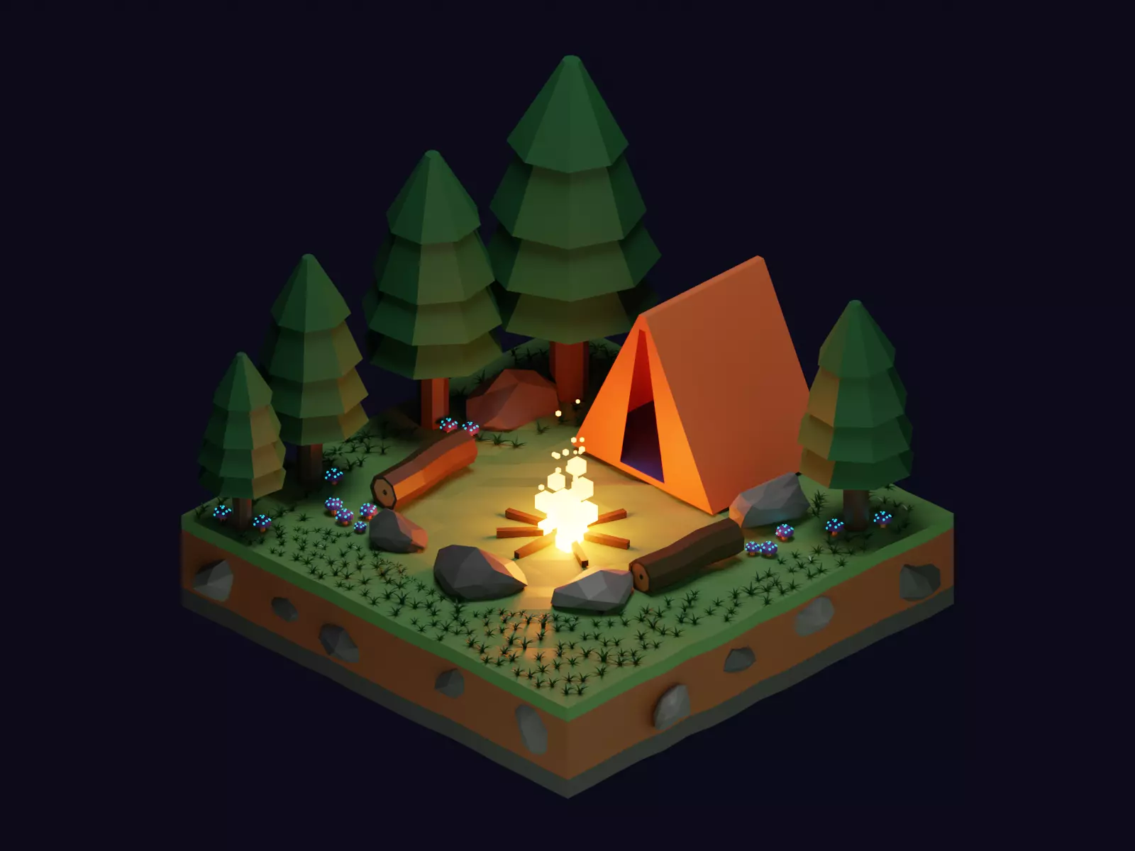 Camp fire isometric cartoon illustration Low-poly 3D model_0