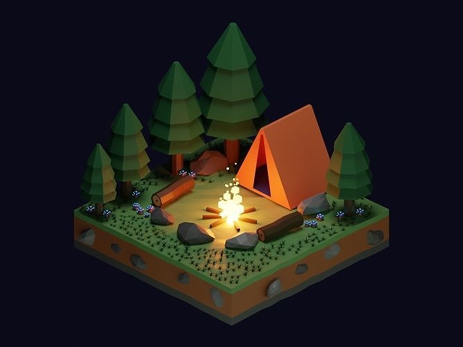 Camp fire isometric cartoon illustration Low-poly 3D model