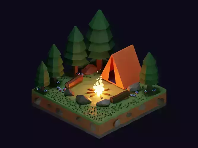 Camp fire isometric cartoon illustration Low-poly 3D model