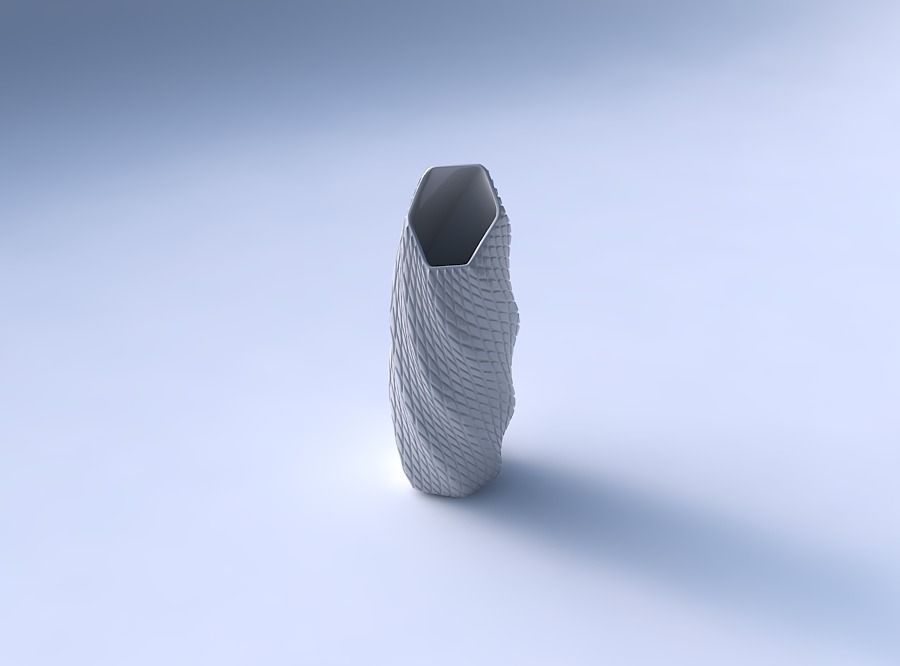 Vase twisted bent hexagon with diagonal grid bulges 3D print model_3