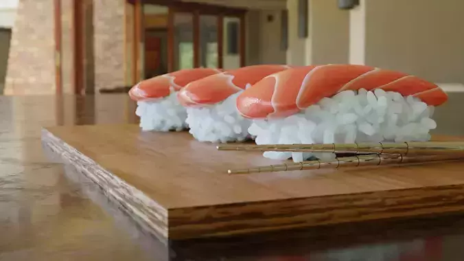 Sushi Model on wooden cutting board with chopsticks