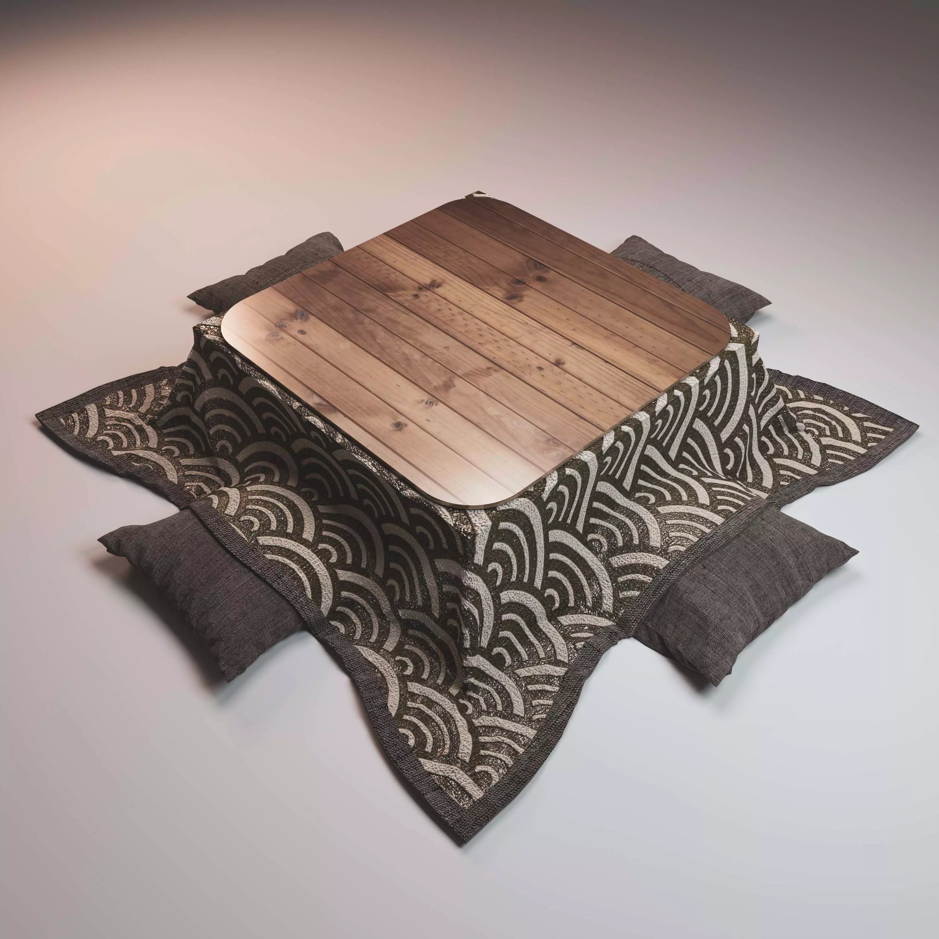 kotatsu low pillow japan wooden decoration Texture table  Low-poly 3D model_0