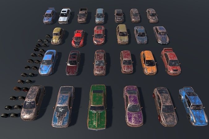 Pack Of wrecked rusted Low Poly 25 Sports Cars and 25 Rims Low-poly 3D model