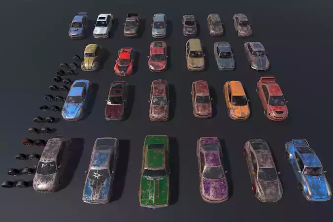 Pack Of wrecked rusted Low Poly 25 Sports Cars and 25 Rims Low-poly 3D model