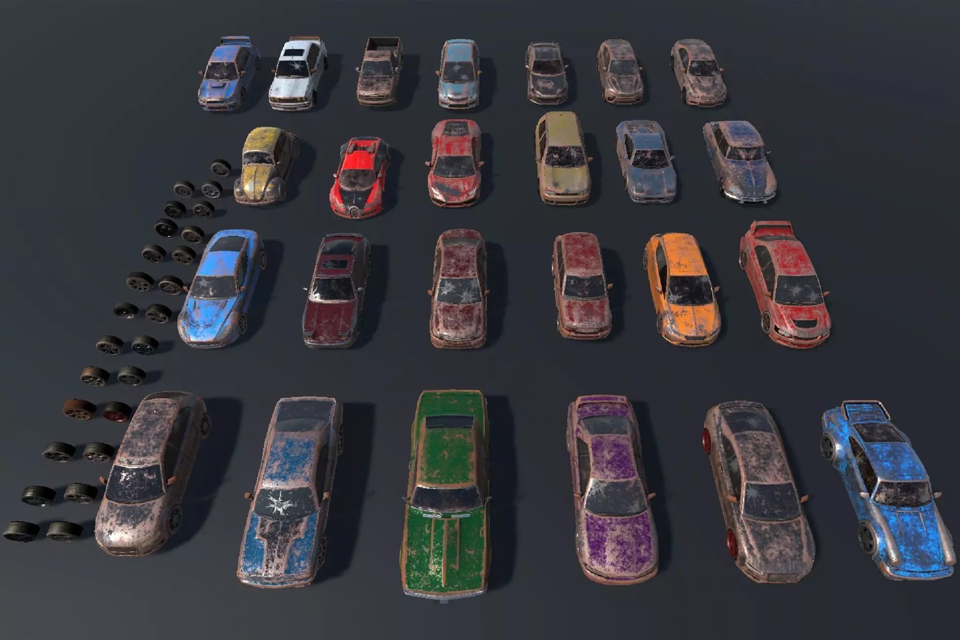 Pack Of wrecked rusted Low Poly 25 Sports Cars and 25 Rims Low-poly 3D model_0
