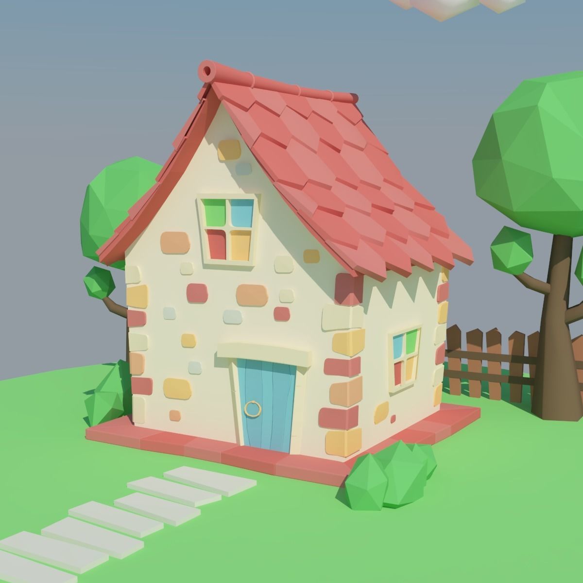 Low Poly House on island Low-poly 3D model_2