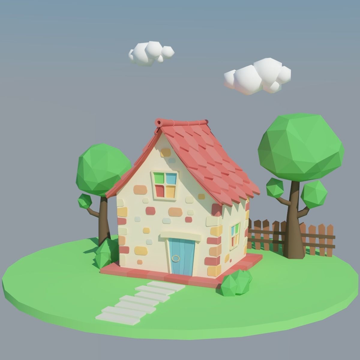 Low Poly House on island Low-poly 3D model_1