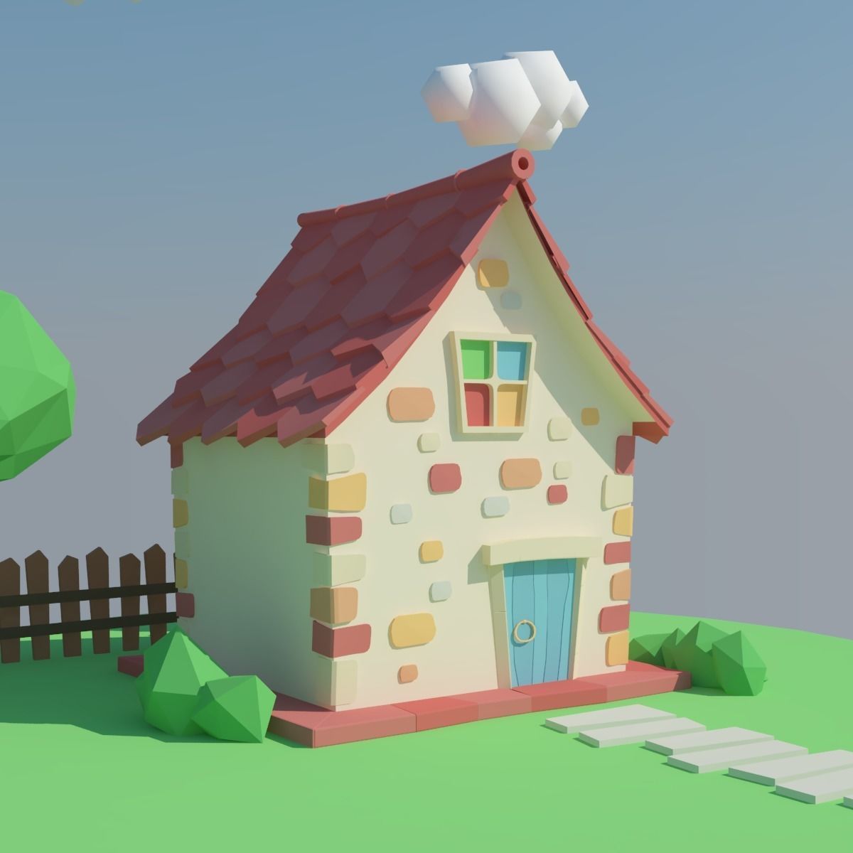 Low Poly House on island Low-poly 3D model_4