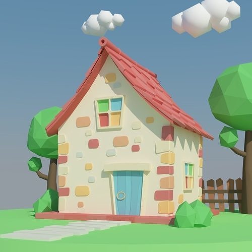 Low Poly House on island Low-poly 3D model