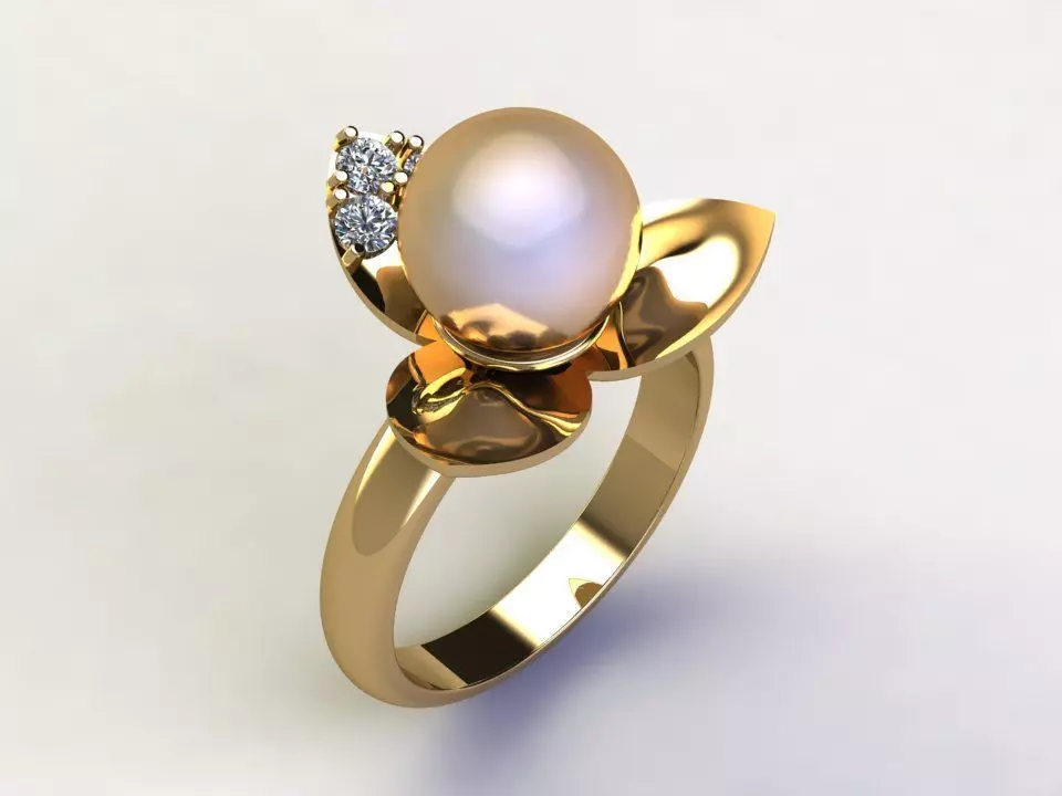 Ring36 gold ring with pearl and diamonds 3D model_0