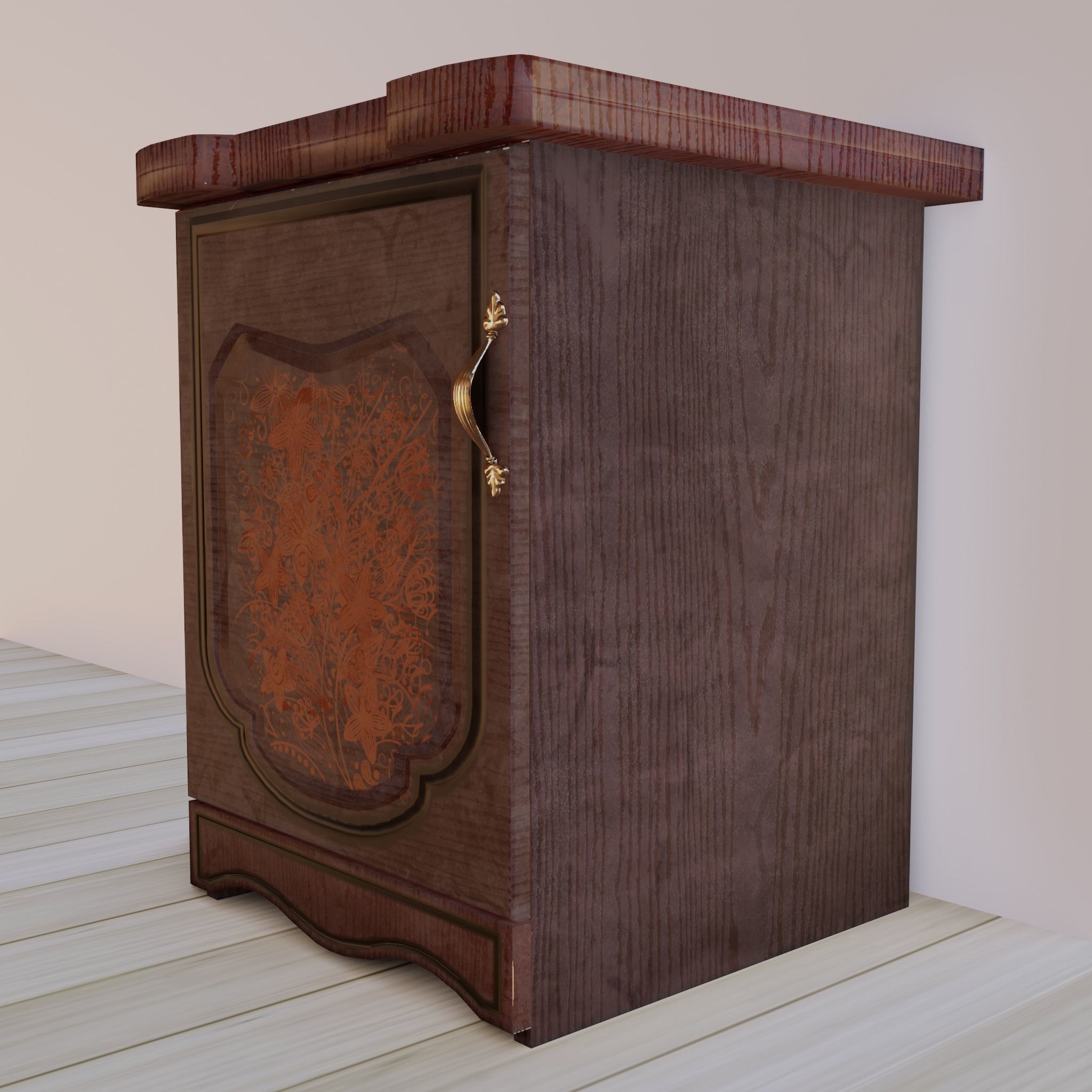 Lacquered Wood Rigged Furniture Nightstand With Pattern Pbr Low-poly 3D model_7