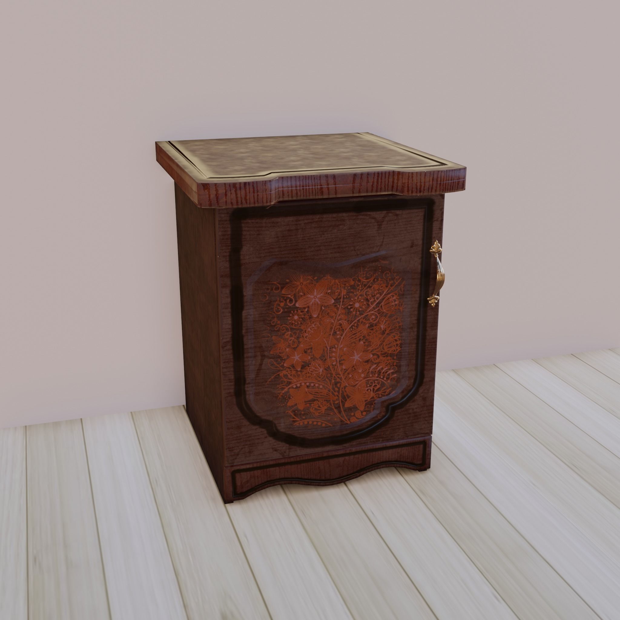 Lacquered Wood Rigged Furniture Nightstand With Pattern Pbr Low-poly 3D model_2