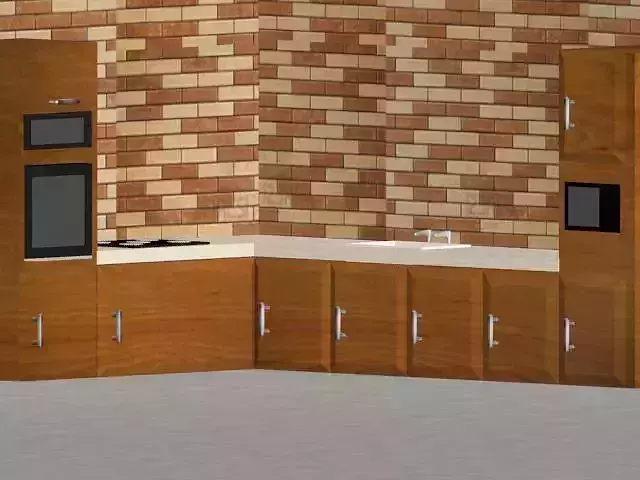 Kitchen with wooden cabinets and brick wall