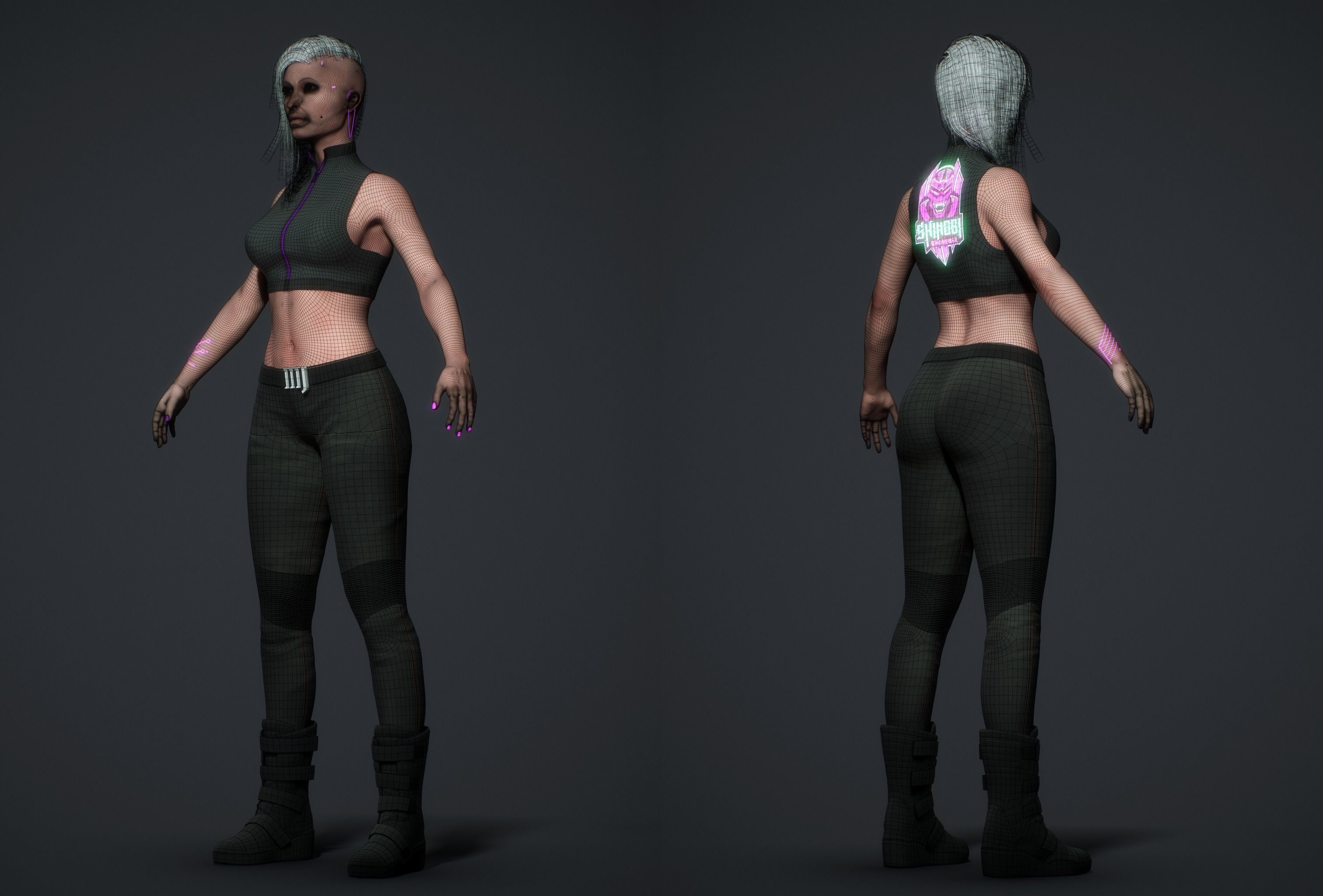 Cyberpunk woman clothing with hair Low-poly 3D model_17