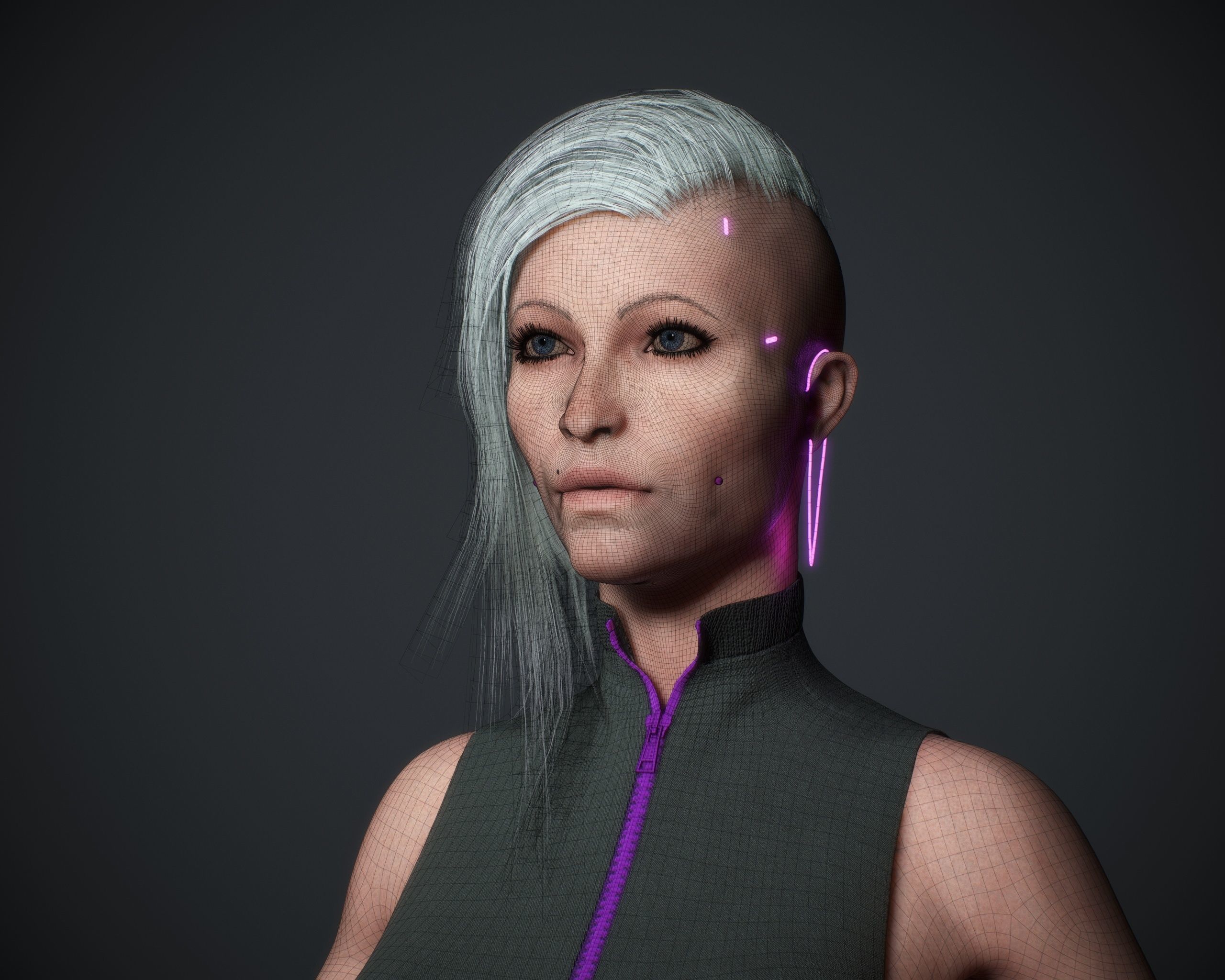 Cyberpunk woman clothing with hair Low-poly 3D model_16