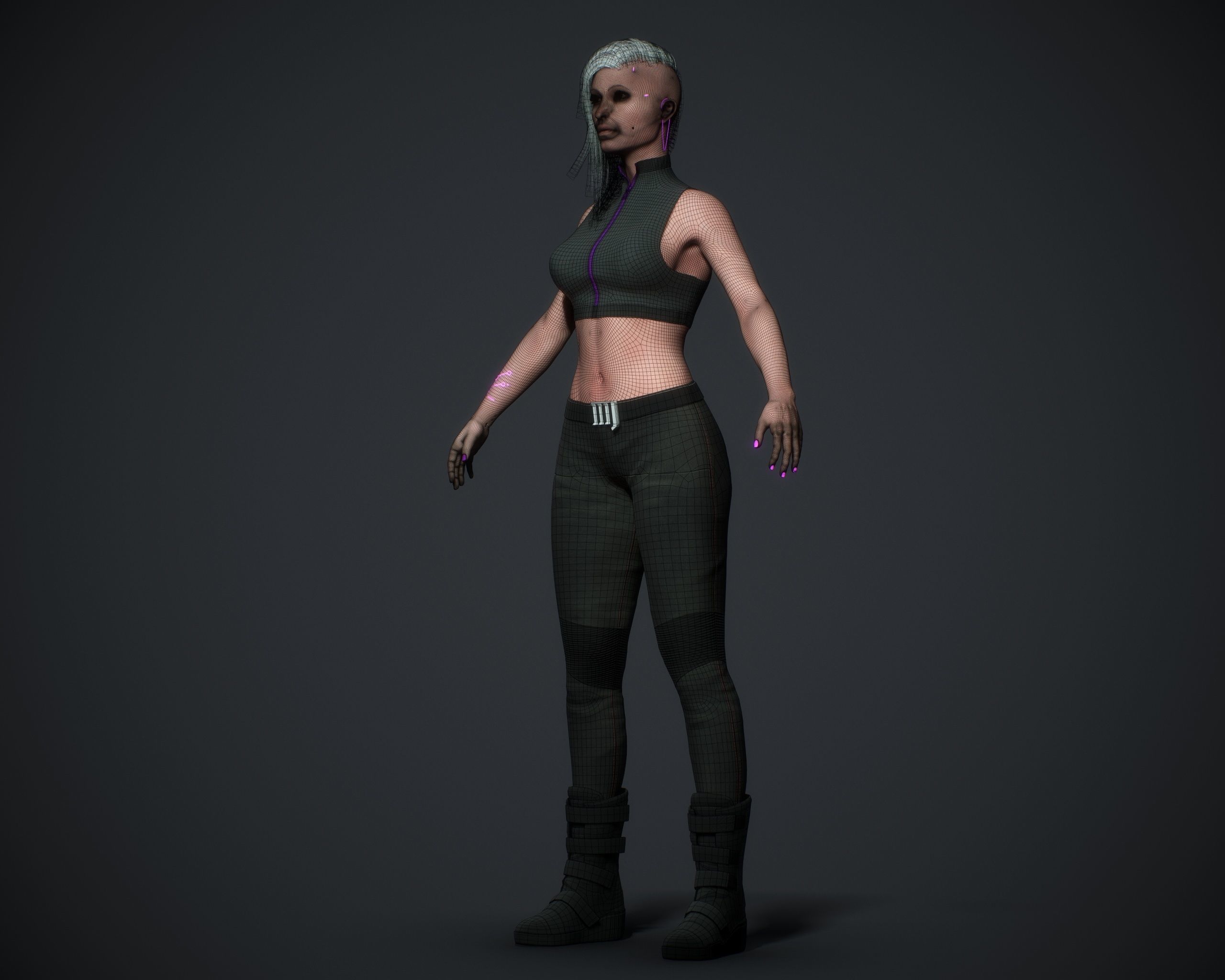 Cyberpunk woman clothing with hair Low-poly 3D model_14