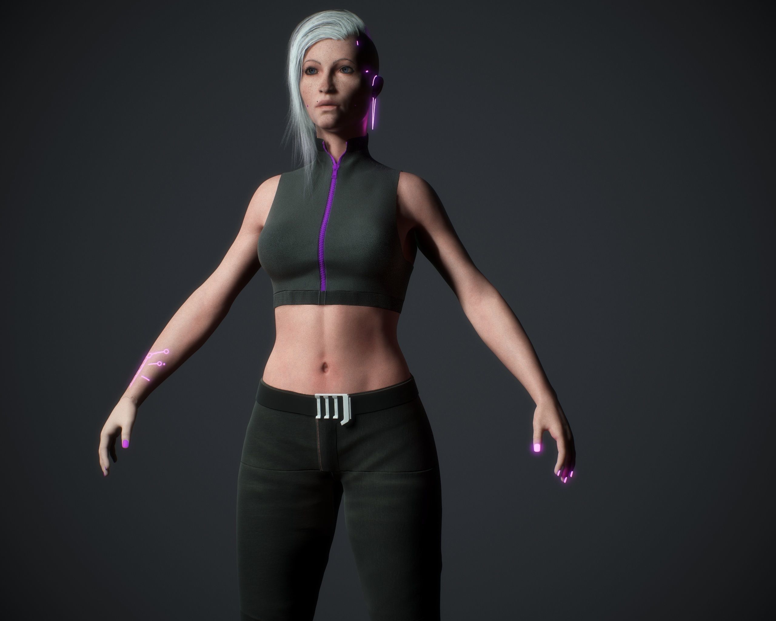 Cyberpunk woman clothing with hair Low-poly 3D model_10