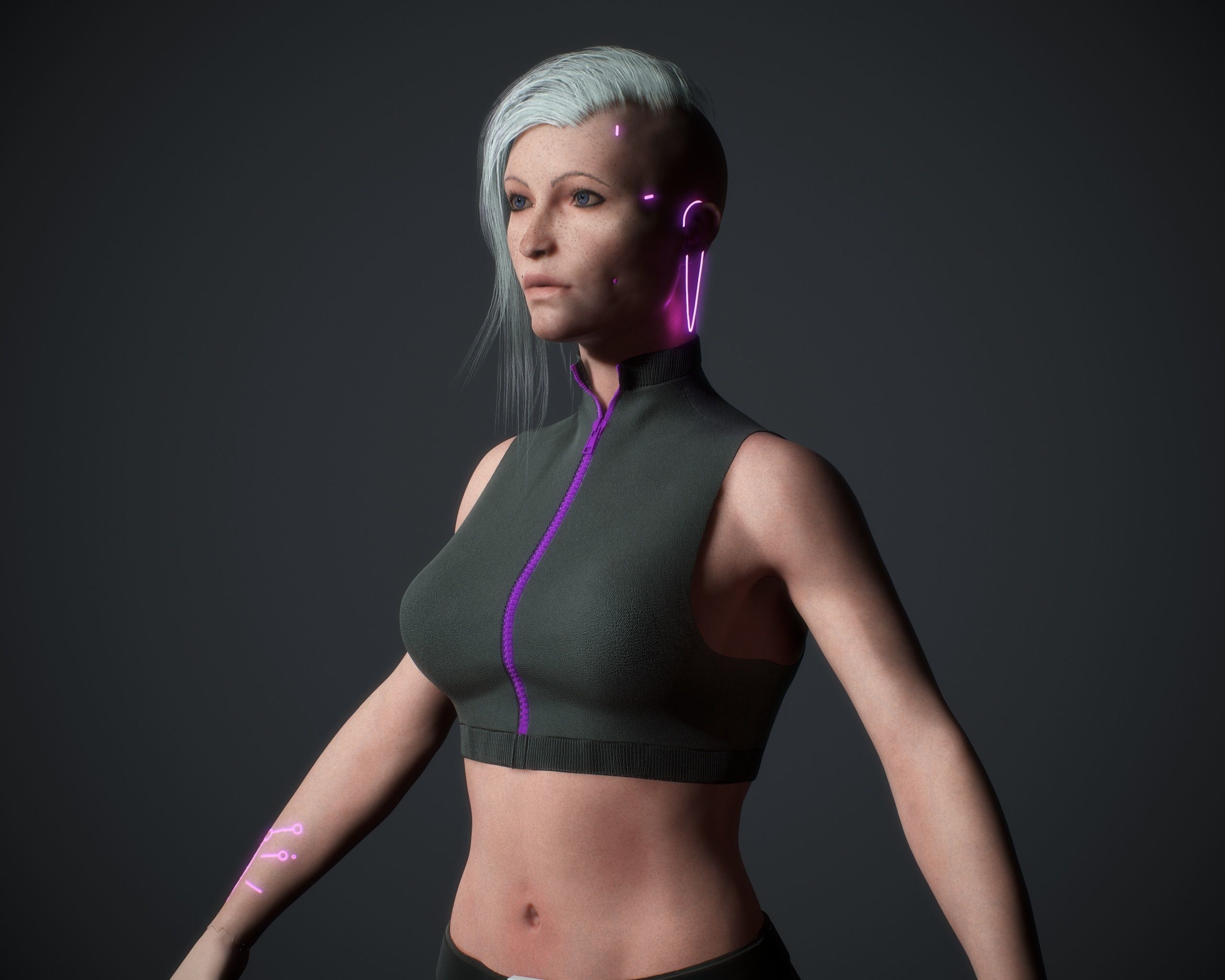 Cyberpunk woman clothing with hair Low-poly 3D model_7