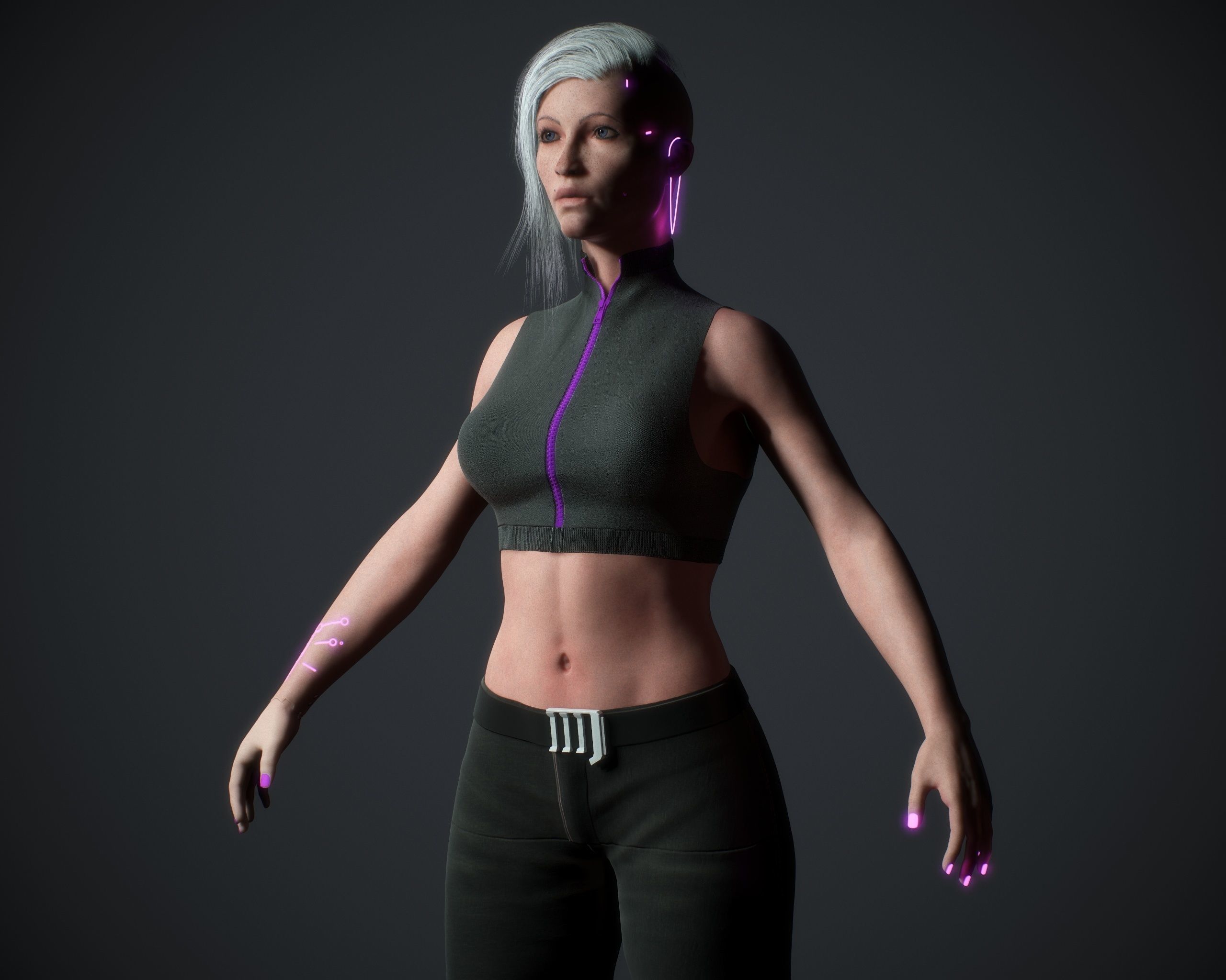 Cyberpunk woman clothing with hair Low-poly 3D model_11