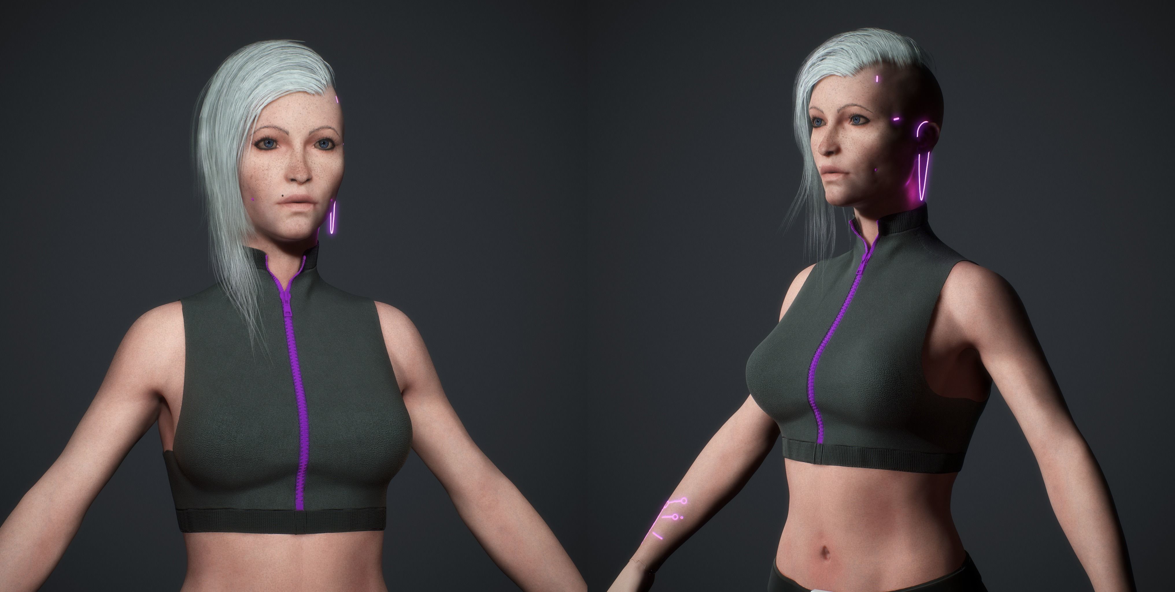 Cyberpunk woman clothing with hair Low-poly 3D model_3