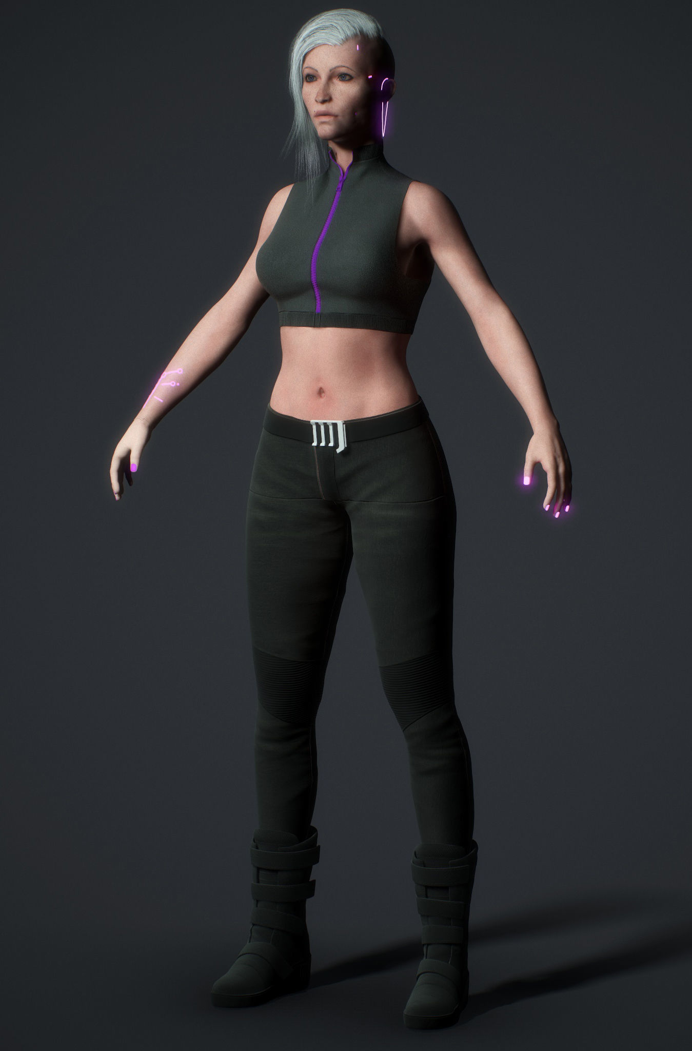 Cyberpunk woman clothing with hair Low-poly 3D model_8