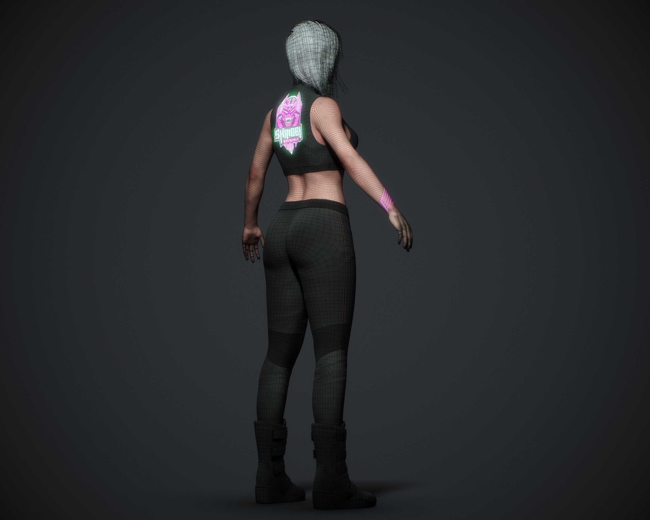 Cyberpunk woman clothing with hair Low-poly 3D model_13