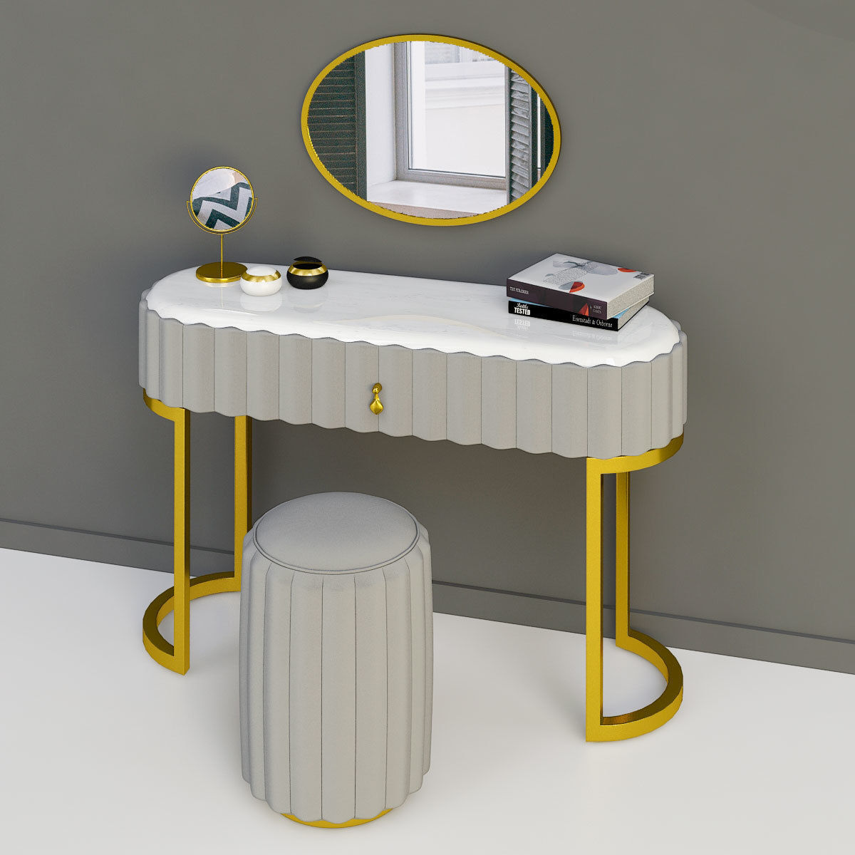 Dressing table -Vanity Set With Drawer Mirror 3D model_1