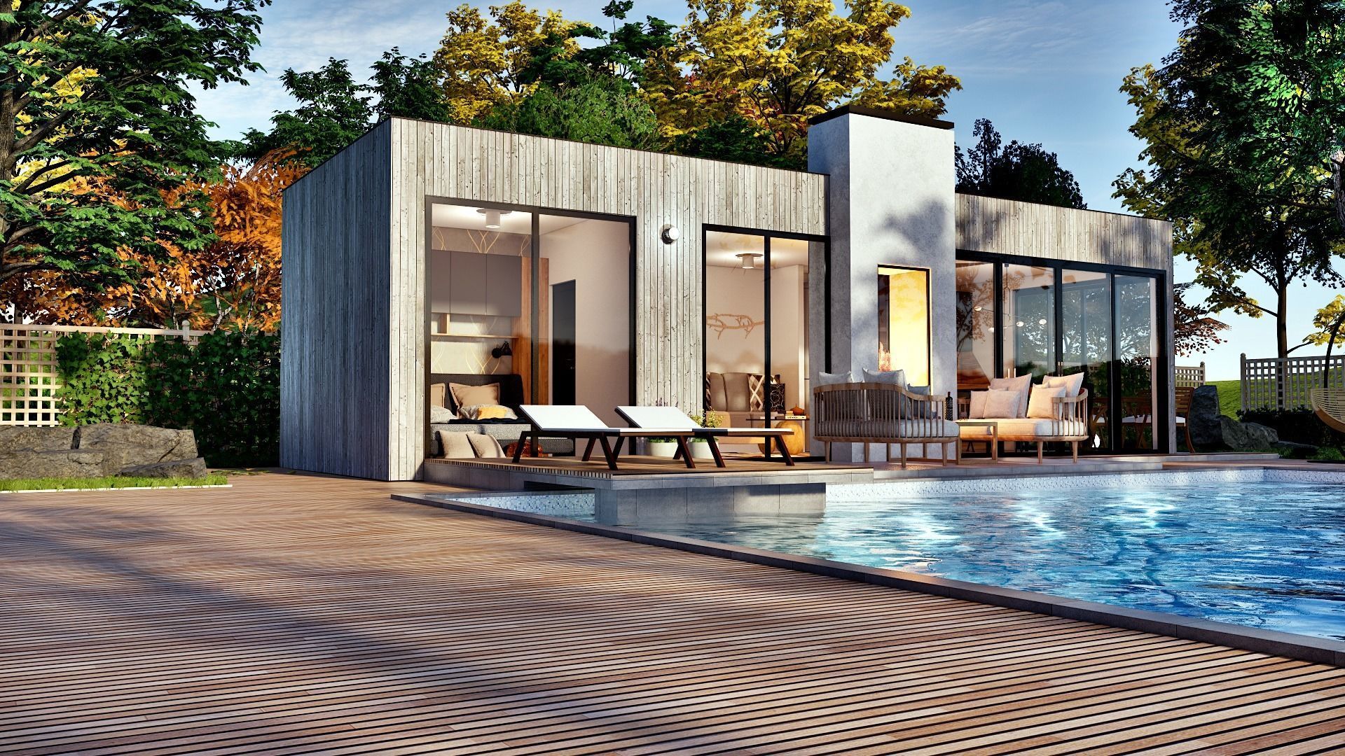 modern pool house with fireplace 3d model Low-poly 3D model_2