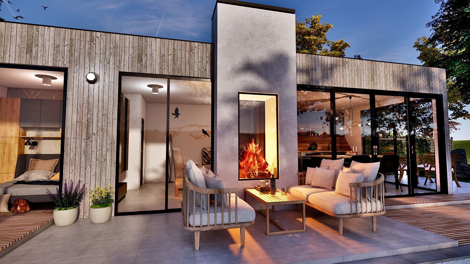 modern pool house with fireplace 3d model Low-poly 3D model_6