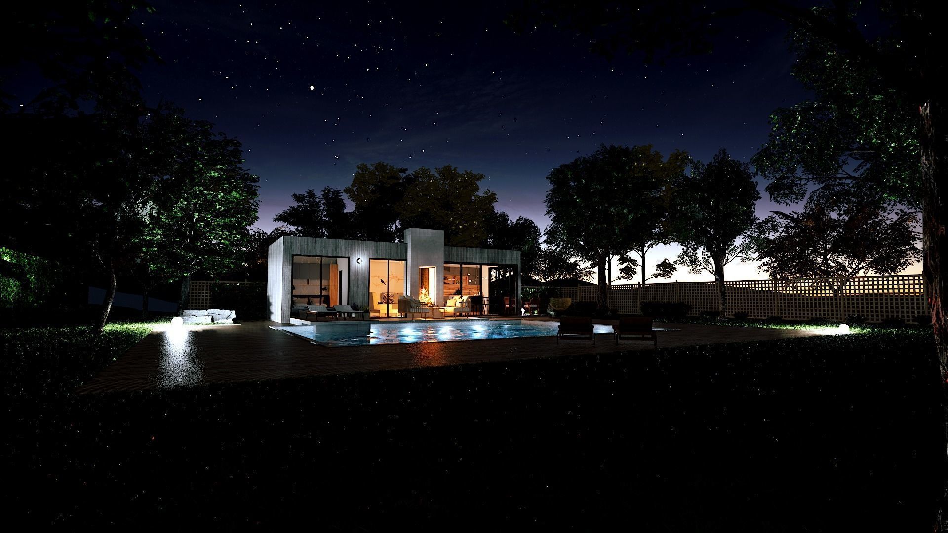 modern pool house with fireplace 3d model Low-poly 3D model_10