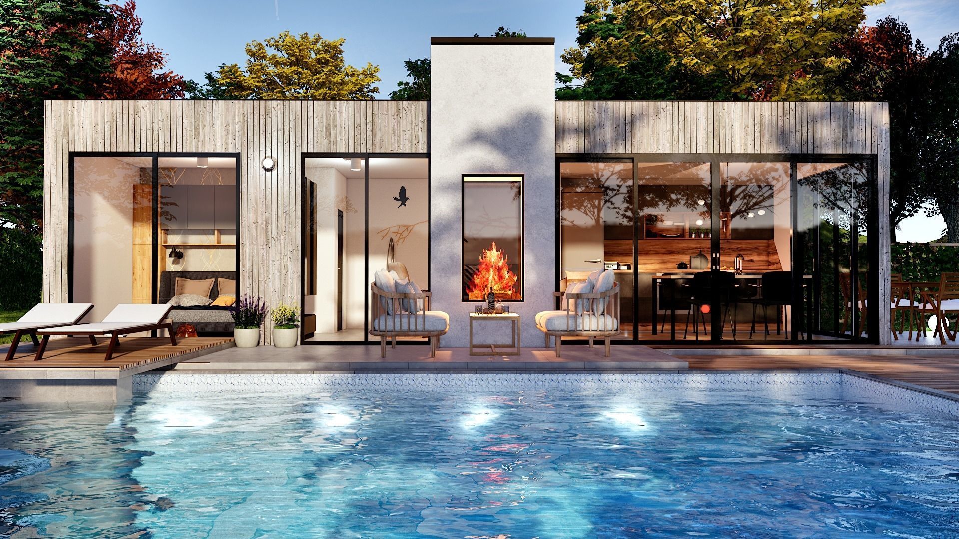 modern pool house with fireplace 3d model Low-poly 3D model_4