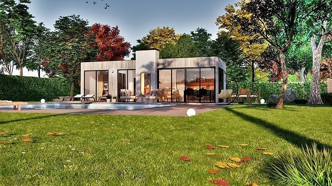 modern pool house with fireplace 3d model Low-poly 3D model